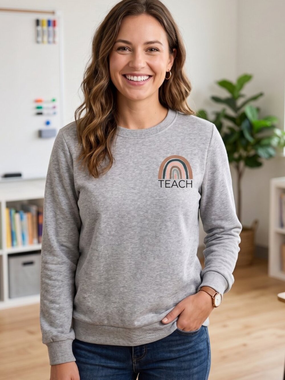 NWOT Boho Teach Rainbow Graphic Sweatshirt Grey French Terry Pullover Top Medium